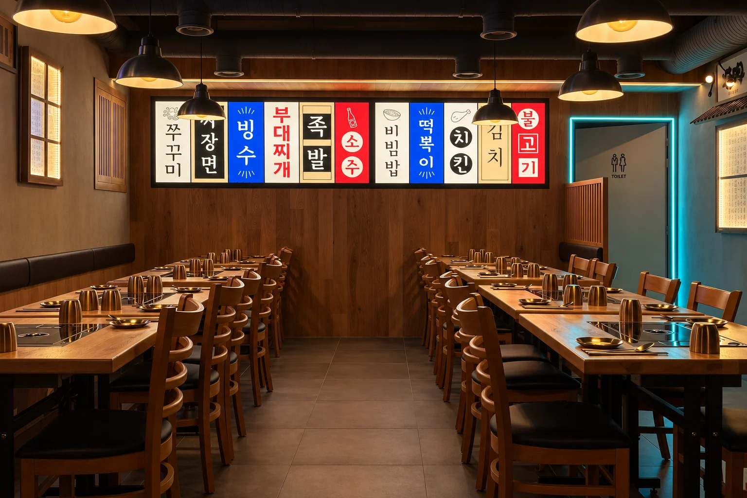 Tables en bois, luminaires et décor du restaurant.