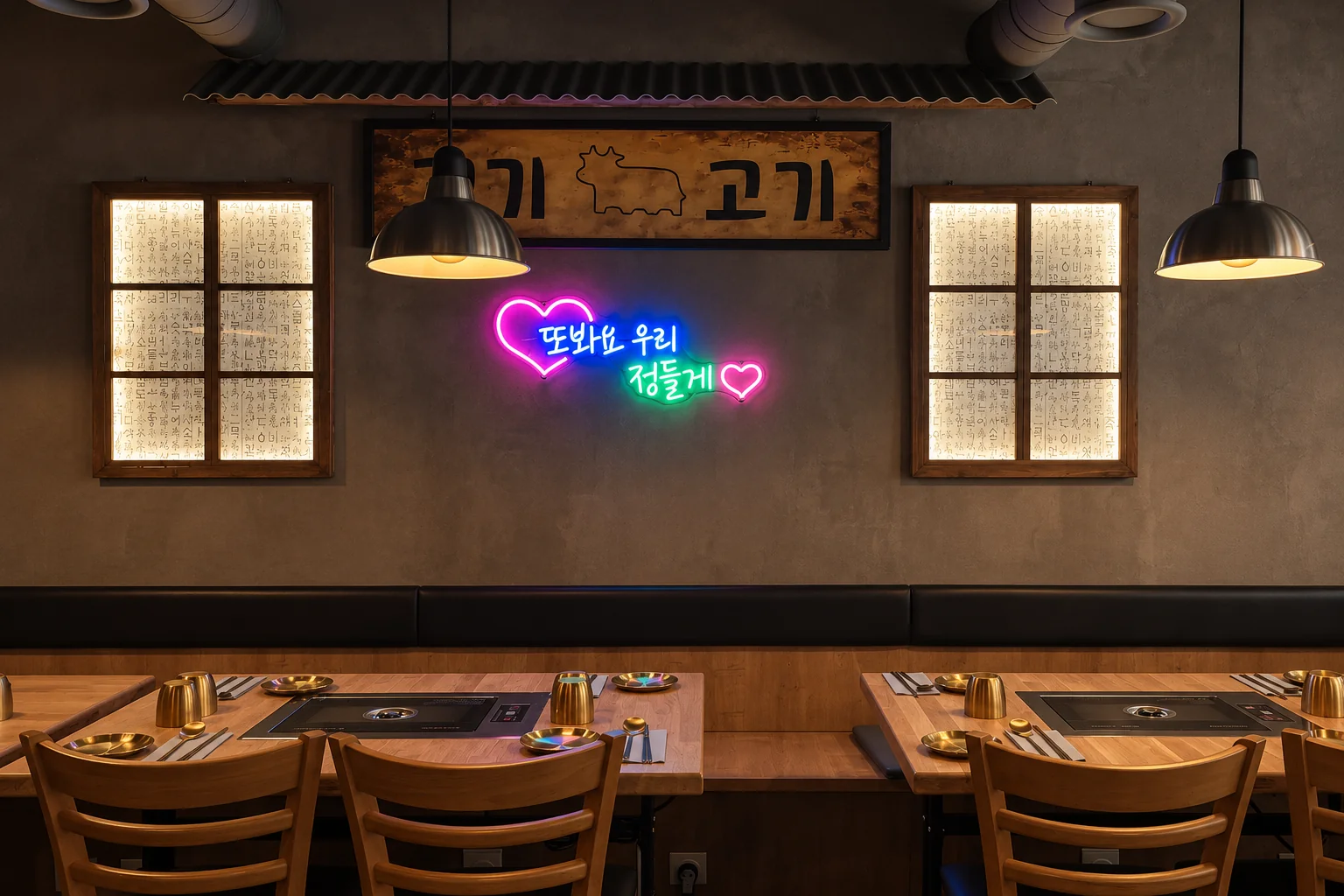 Néons et tables avec plaques de cuisson.