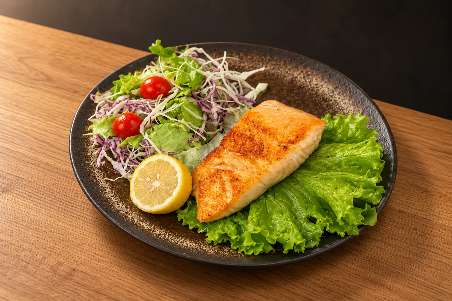 Saumon, salade, tomates et citron dans une assiette sombre.