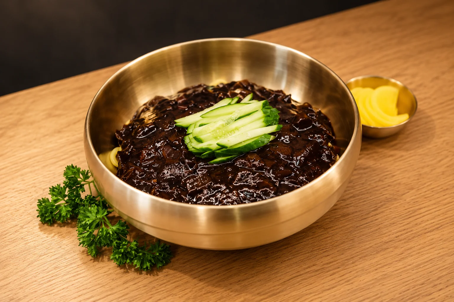 Nouilles à la sauce noire et concombre dans un bol en métal.